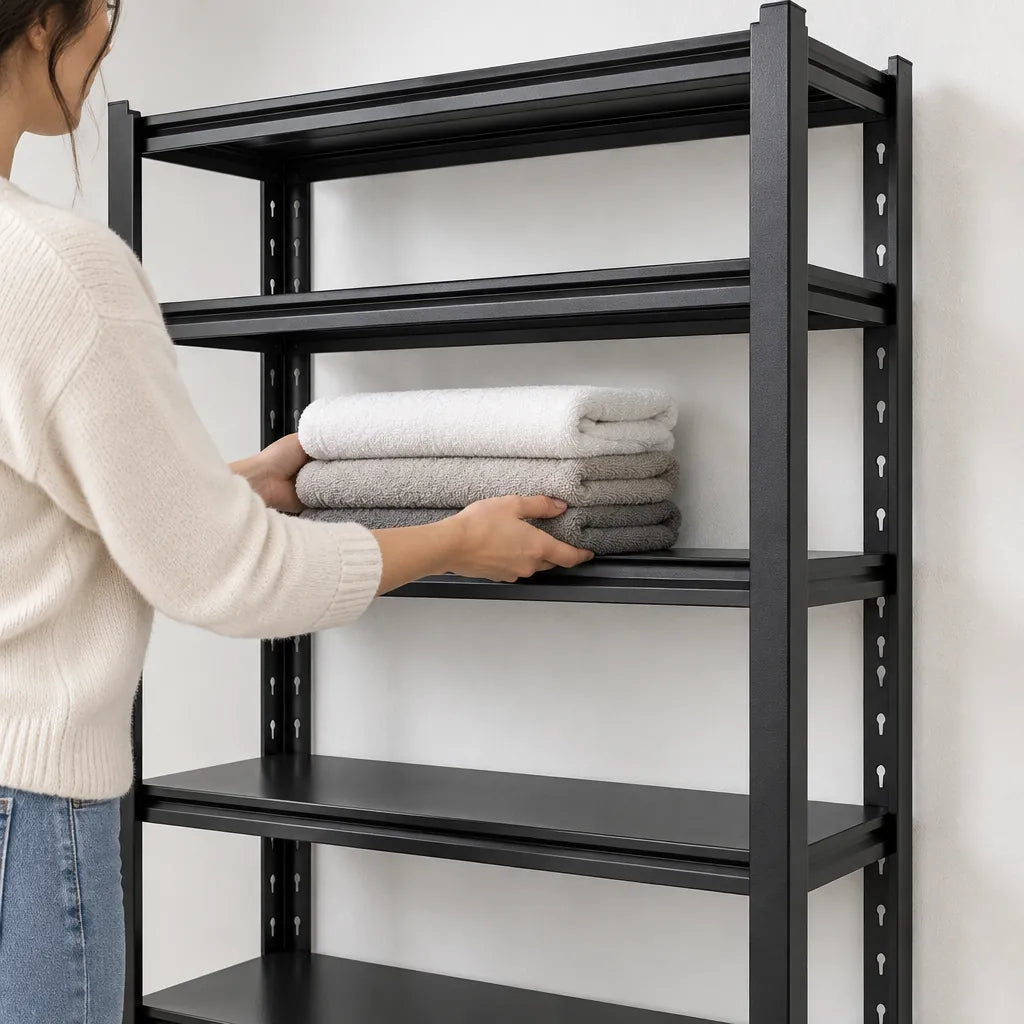 Woman placing folded towels on a black 5-tier metal storage shelf unit