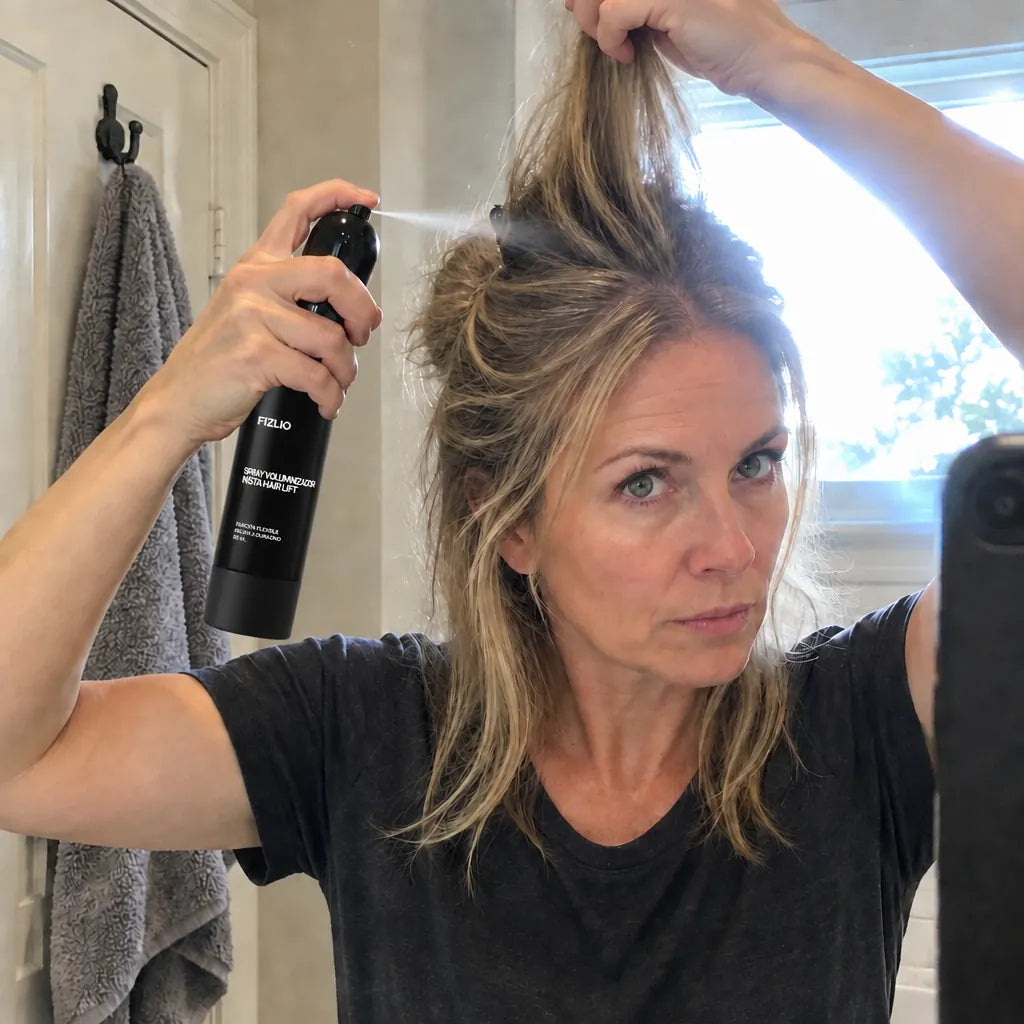 Aplicando Spray Voluminizador Insta Hair Lift frente al espejo