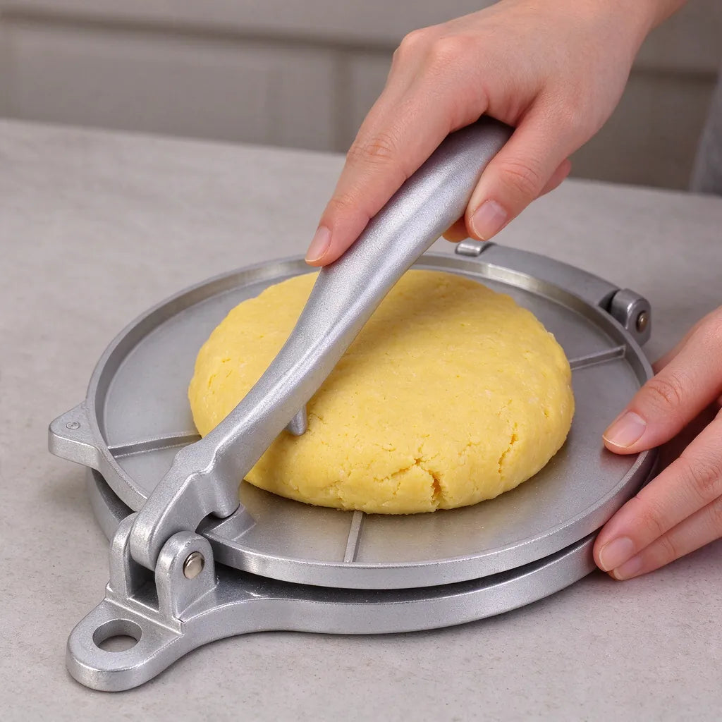 Hands pressing the lever of a silver aluminum tortilla press on a ball of corn dough