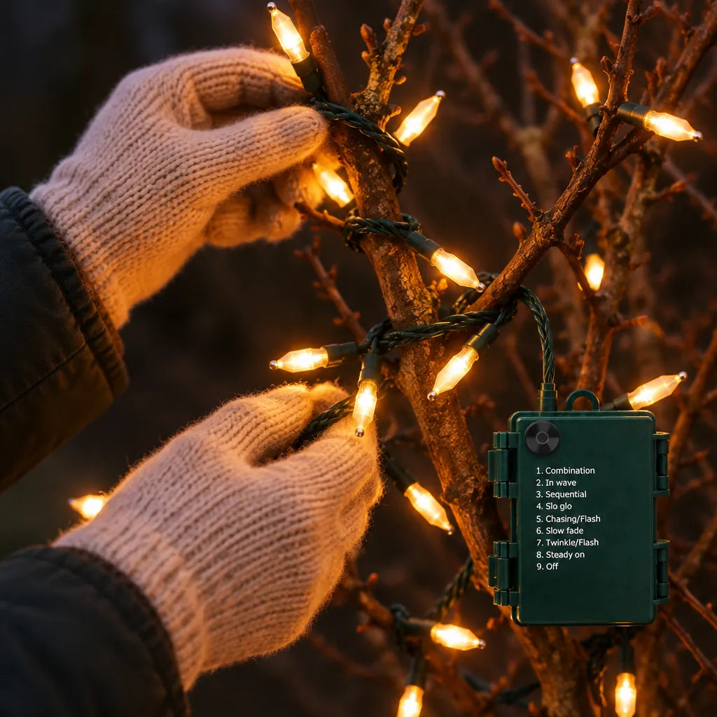 Gloved hands wrapping battery operated outdoor Christmas lights around a hedge branch at dusk
