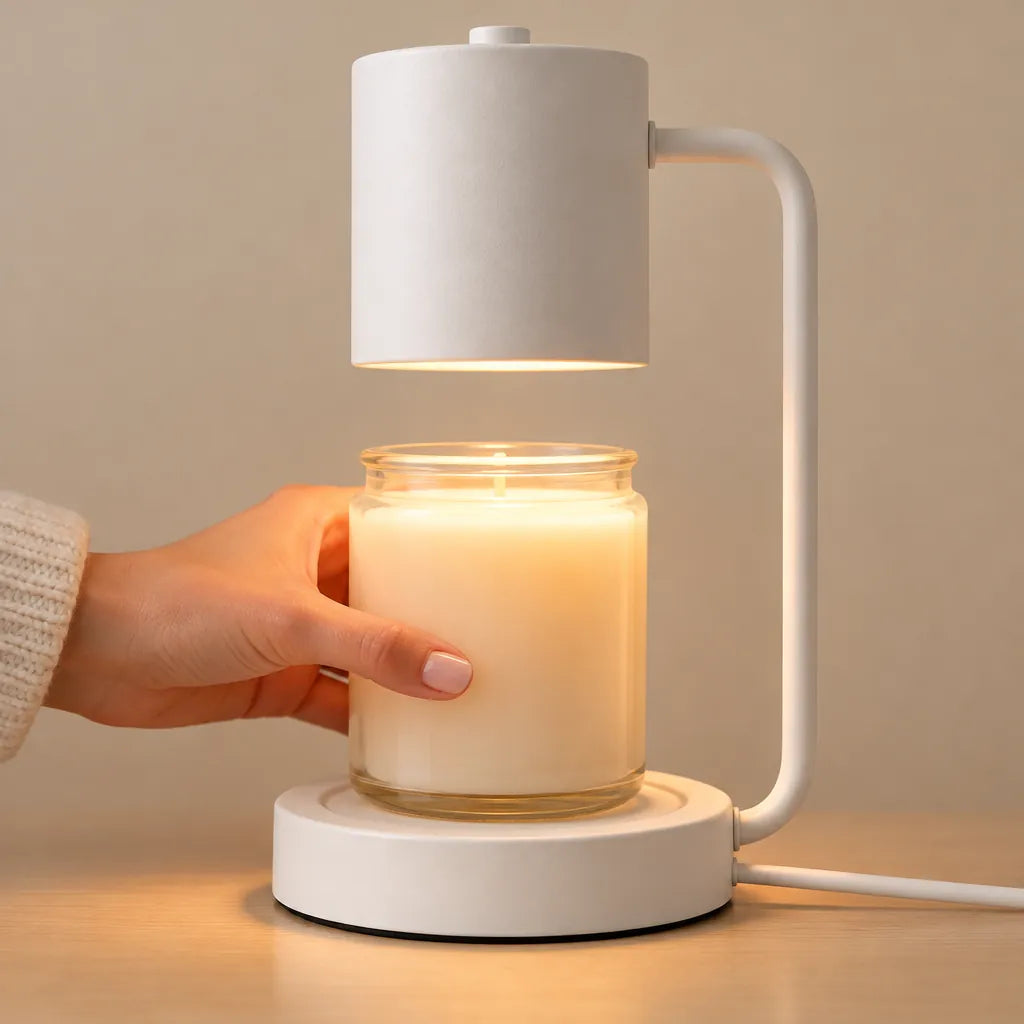Hand placing a jar candle under a white candle warmer lamp that softens the wax