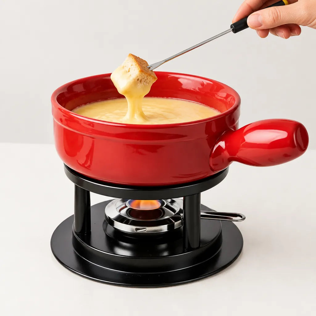 Hand dipping bread on a fork into melted cheese in a red ceramic fondue pot
