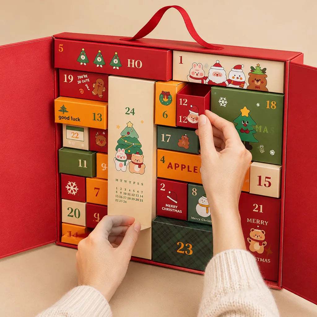 Hands opening a numbered compartment of a fillable advent calendar box with 24 compartments