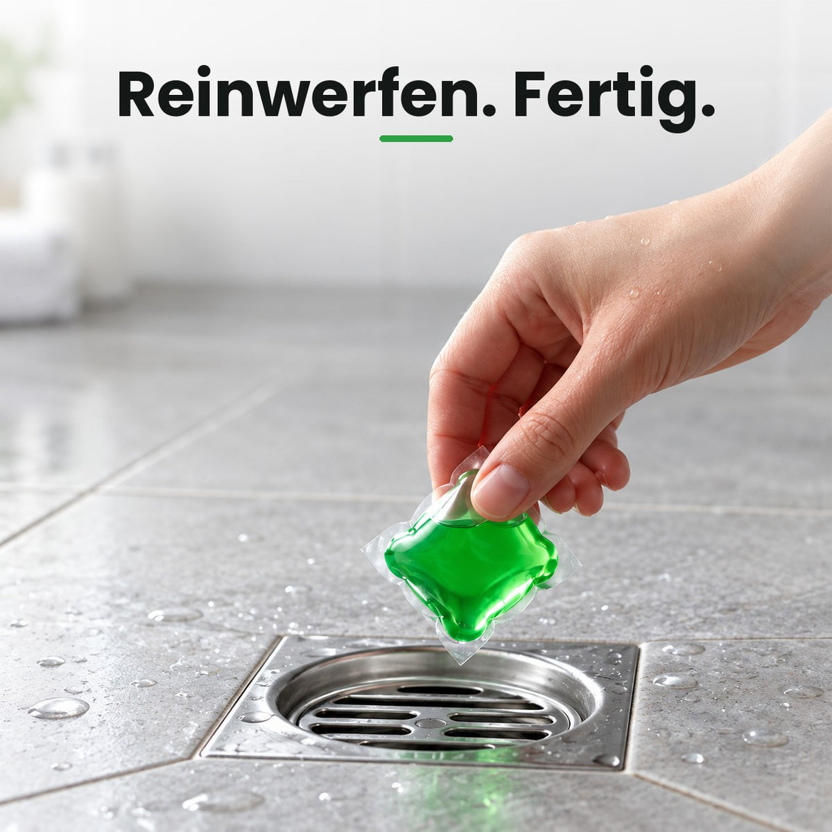 Hand dropping a drain pod into a floor drain (DE)