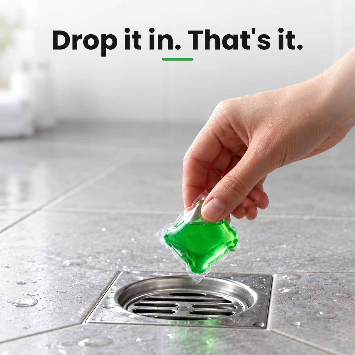 Hand dropping a drain pod into a floor drain (EN)