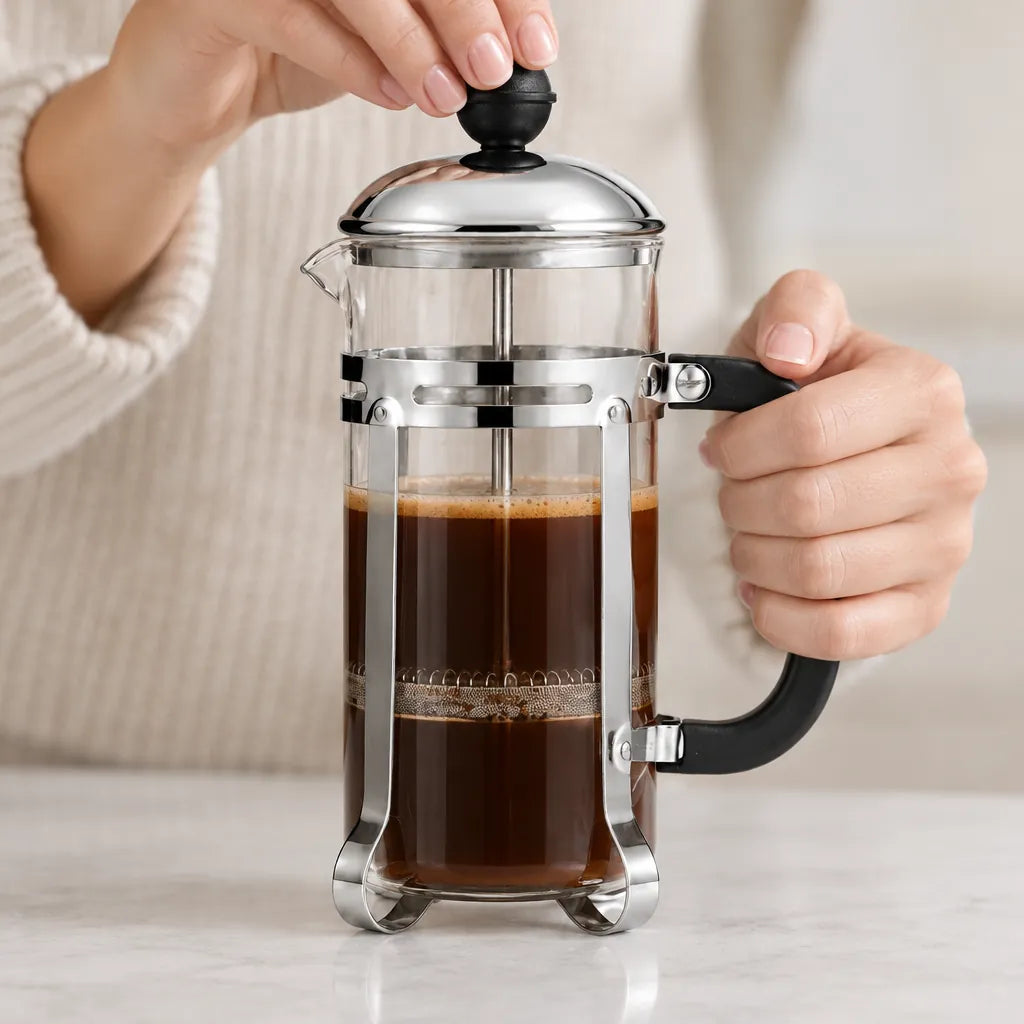Hands pressing the plunger of a chrome glass French press coffee maker filled with fresh coffee