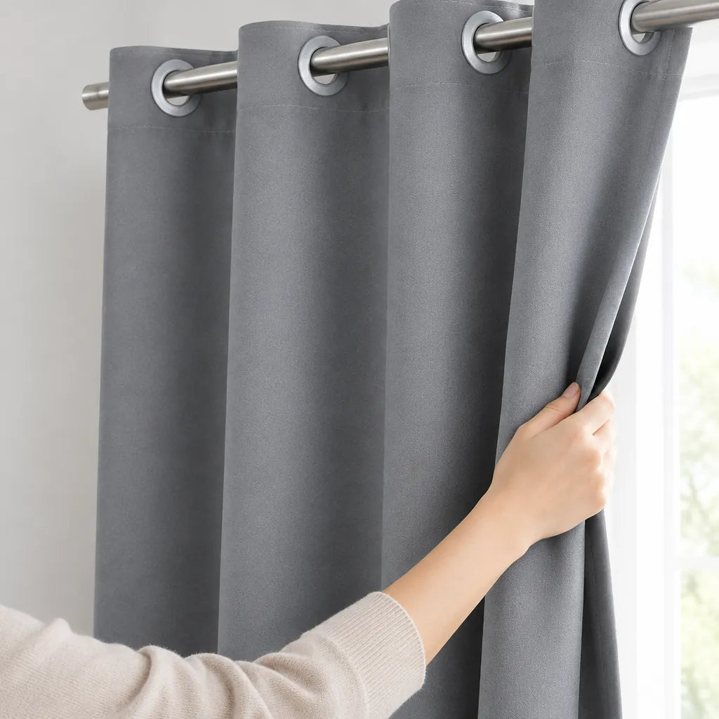 Hand pulling a gray grommet blackout curtain closed on a metal rod