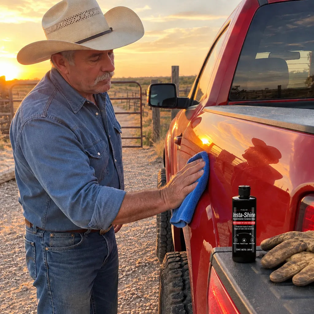 Hombre puliendo su troca roja con Insta-Shine