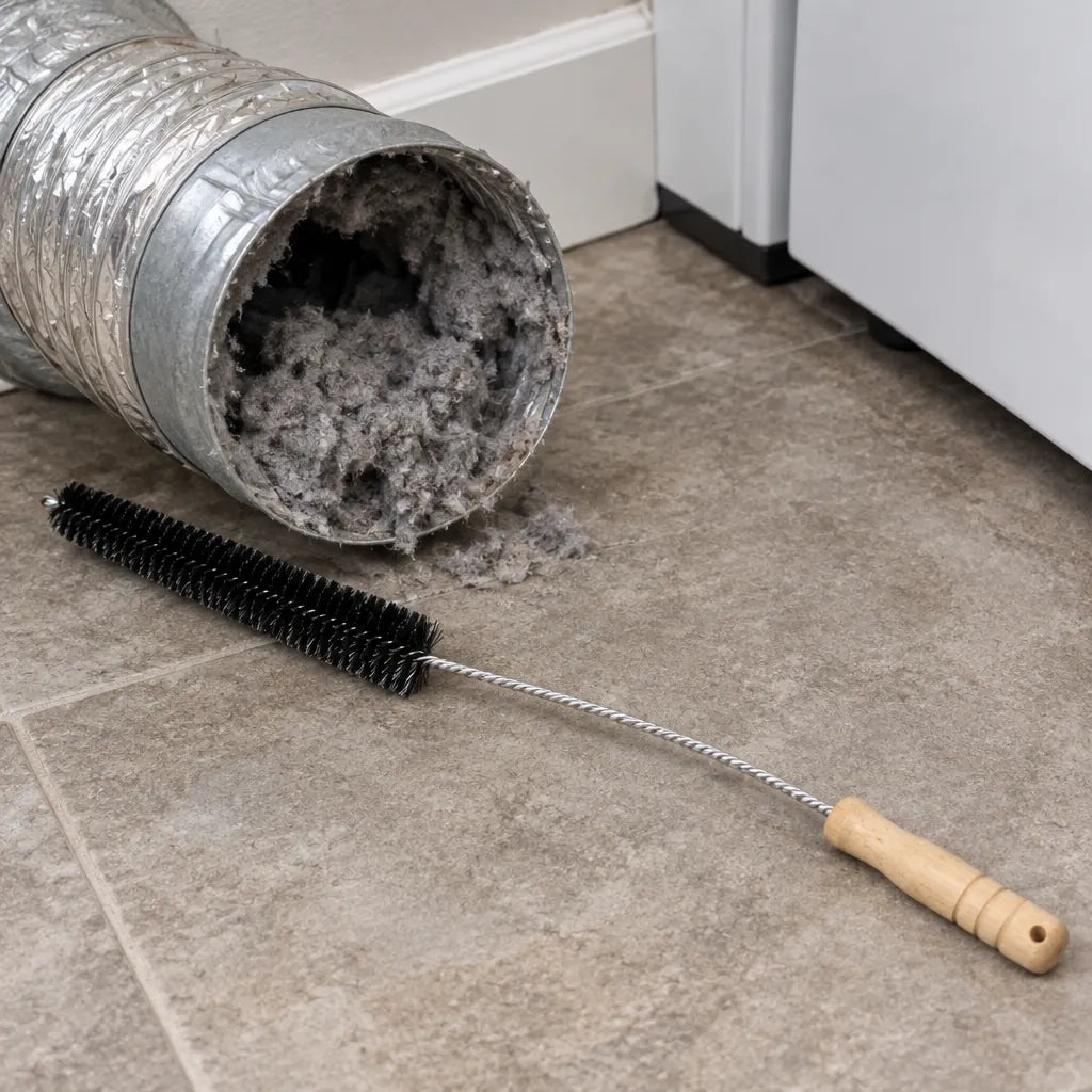 Dryer duct filled with grey lint next to a long flexible lint brush
