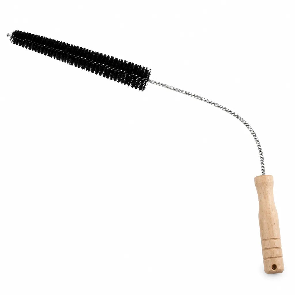 Long flexible dryer vent cleaning brush with black bristles and wooden handle