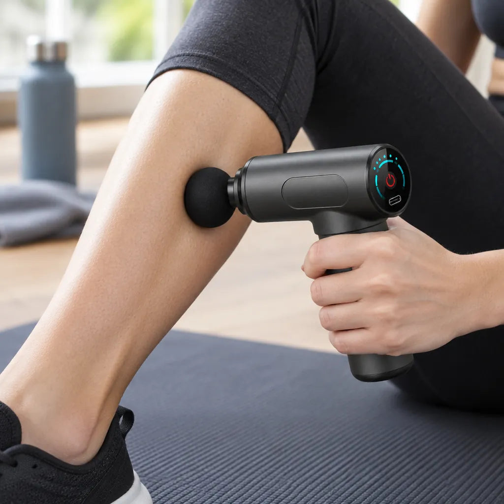 Hand holding a massage gun with the ball head on a calf muscle on a yoga mat