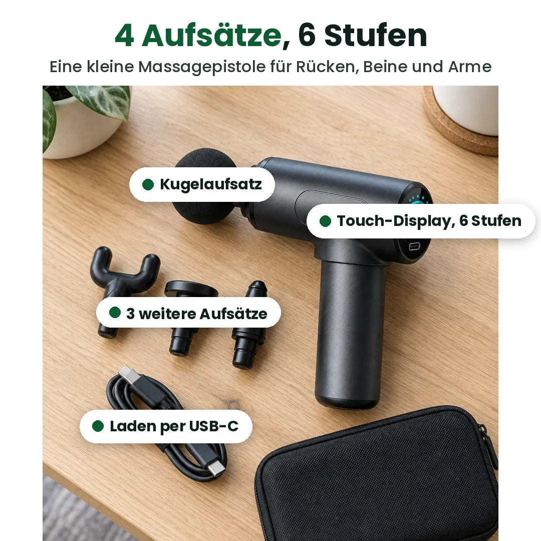 Massagepistole mit Kugelaufsatz, Touch-Display mit 6 Stufen, 3 weiteren Aufsätzen und USB-C