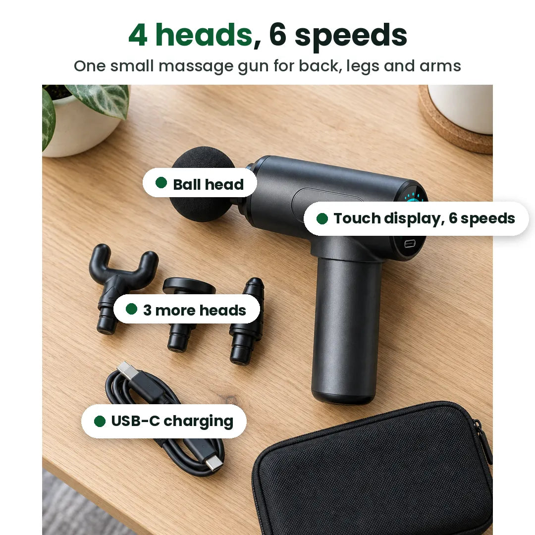 Massage gun with ball head, touch display with 6 speeds, 3 more heads and USB-C charging