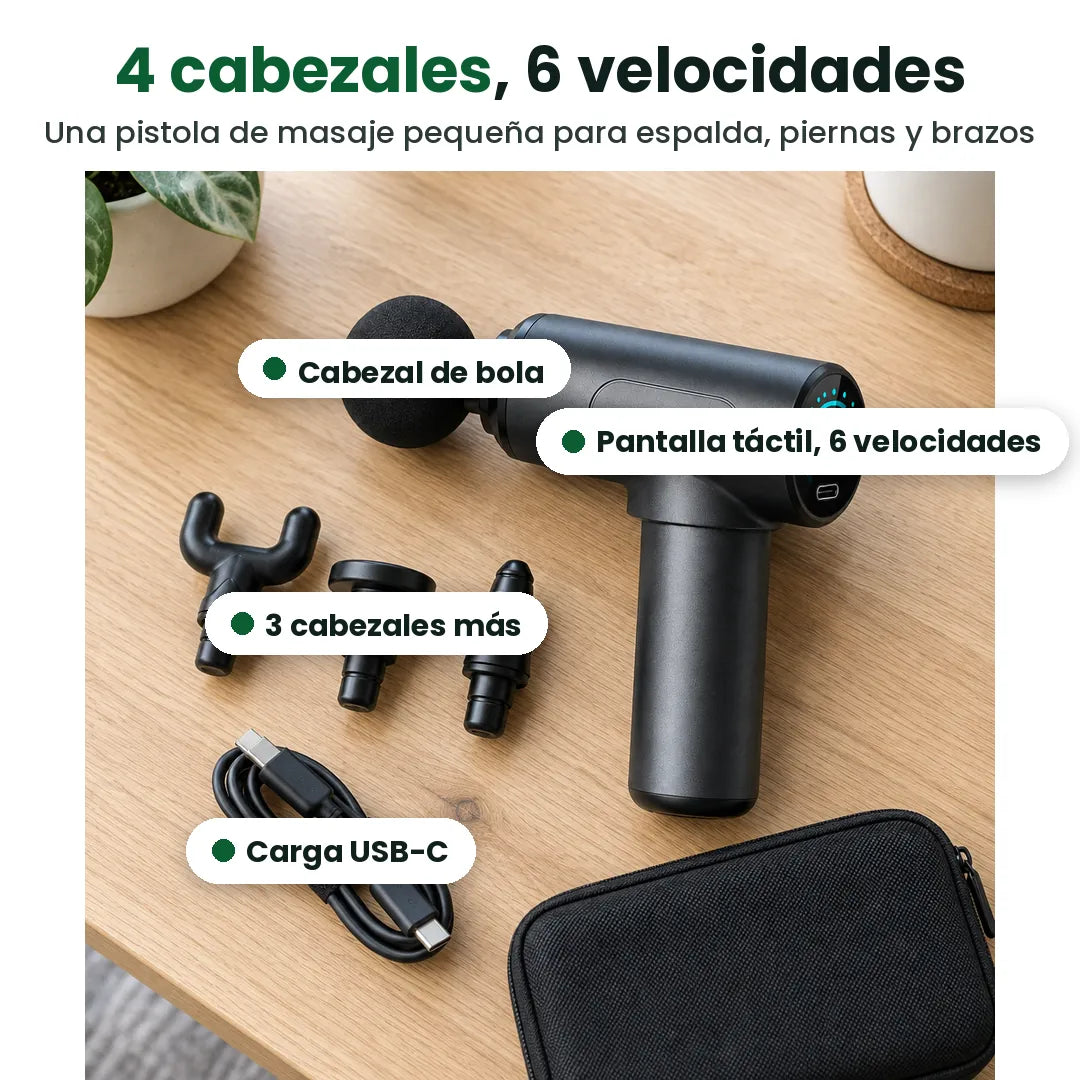 Pistola de masaje con cabezal de bola, pantalla táctil de 6 velocidades, 3 cabezales más y carga USB-C