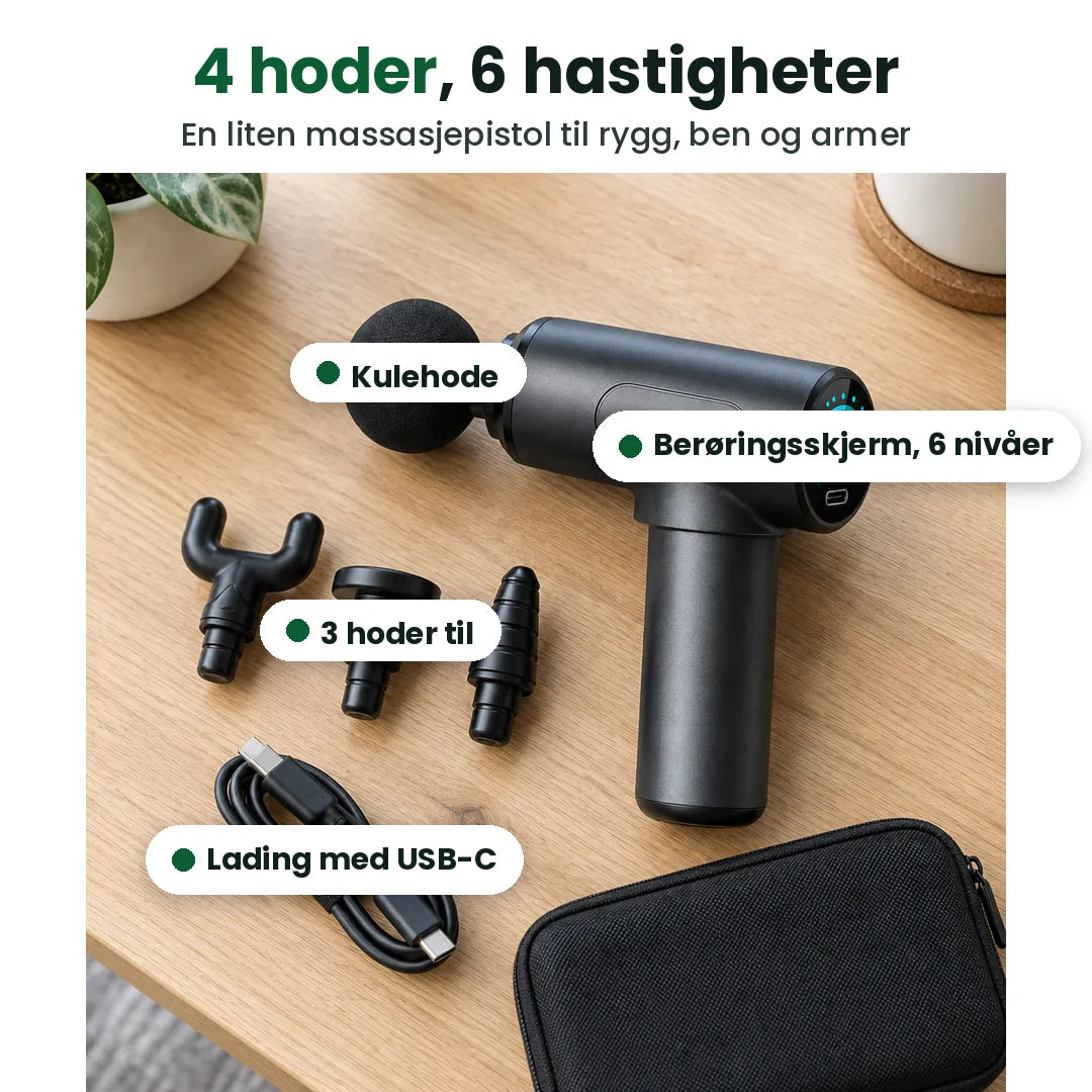 Massasjepistol med kulehode, berøringsskjerm med 6 nivåer, 3 hoder til og USB-C-lading