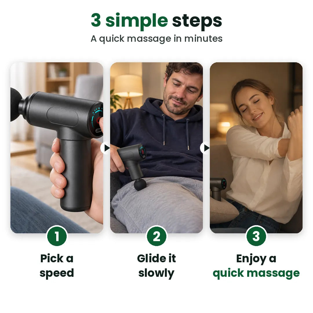 How to use the mini massage gun in 3 steps: pick a speed, glide it slowly, enjoy a quick massage