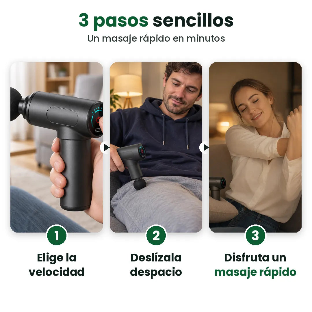 Cómo usar la mini pistola de masaje en 3 pasos: elige la velocidad, deslízala y disfruta