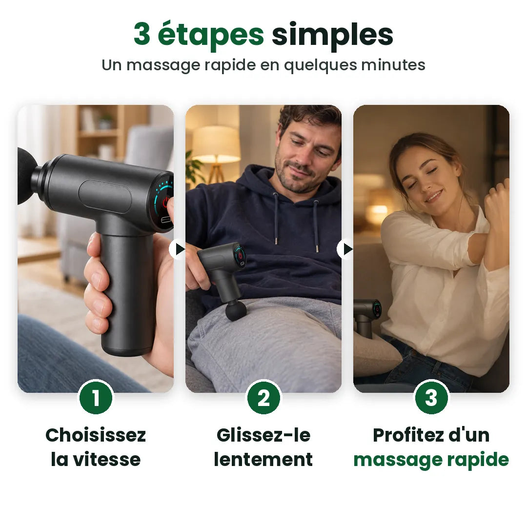 Utiliser le mini pistolet de massage en 3 étapes : choisir la vitesse, glisser, profiter