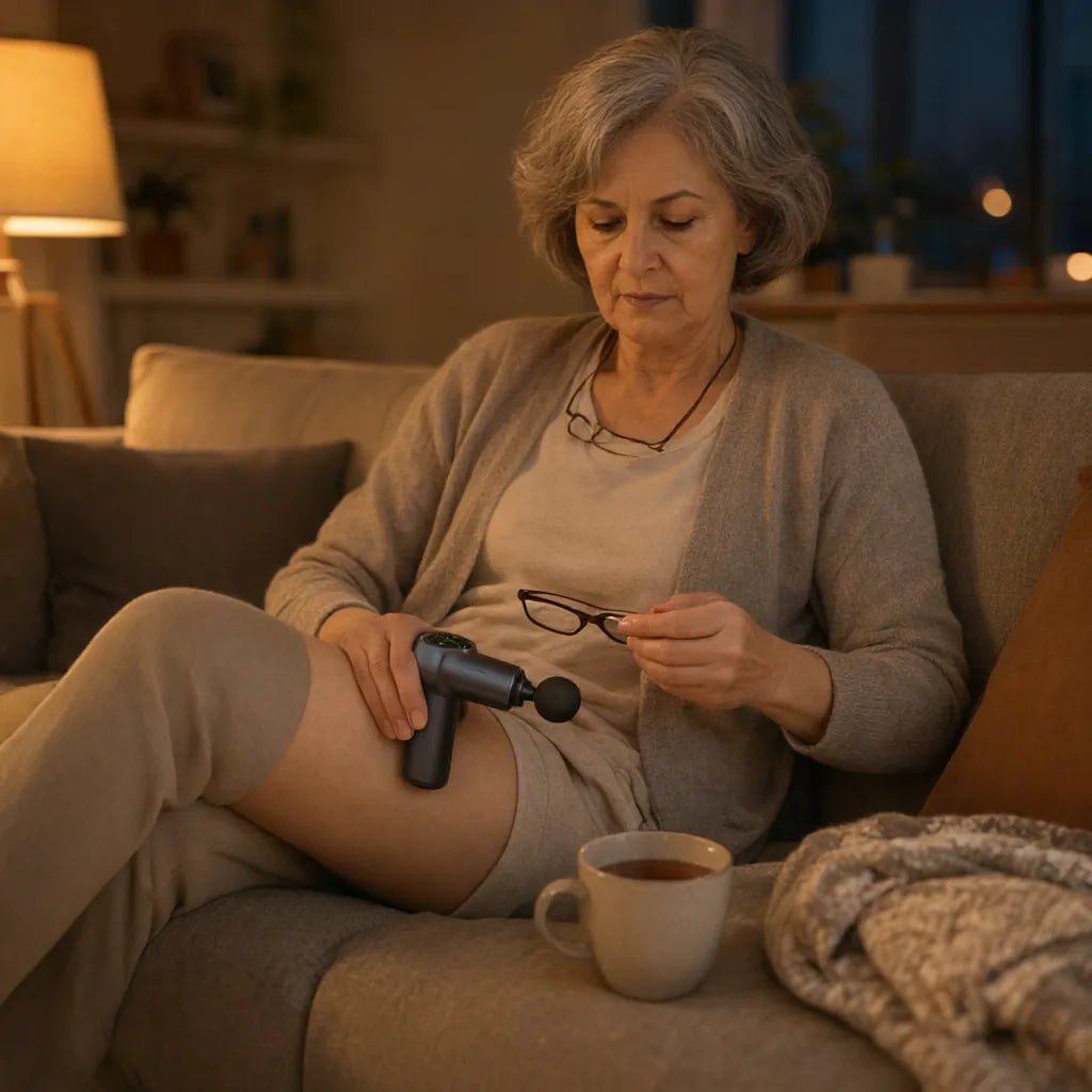 Woman in her sixties on the sofa using a handheld massager on her thigh