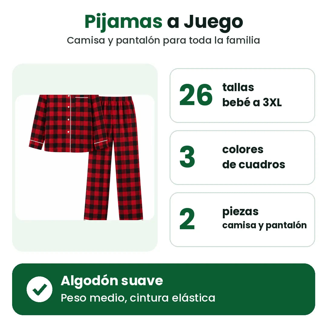 Pijamas familiares a juego en 26 tallas y 3 colores de cuadros, camisa y pantalón