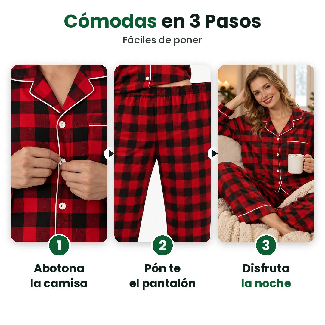 Tres pasos para ponerse el conjunto de pijama navideño de cuadros y descansar