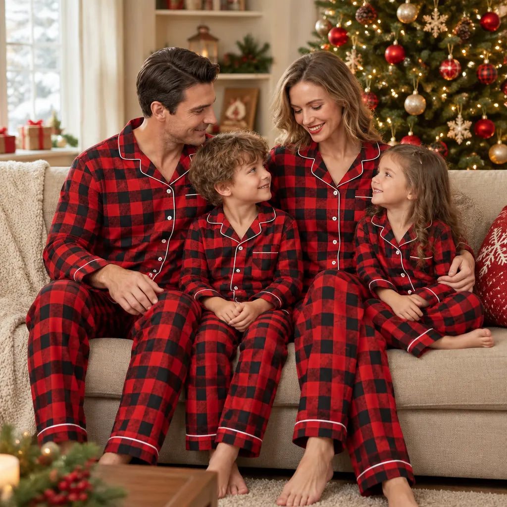 Family of four in matching family Christmas pajamas on a sofa by the tree