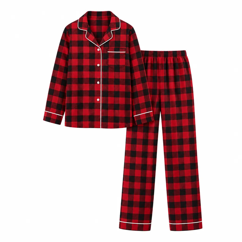 Red and black buffalo plaid matching Christmas pajama top and pants on white