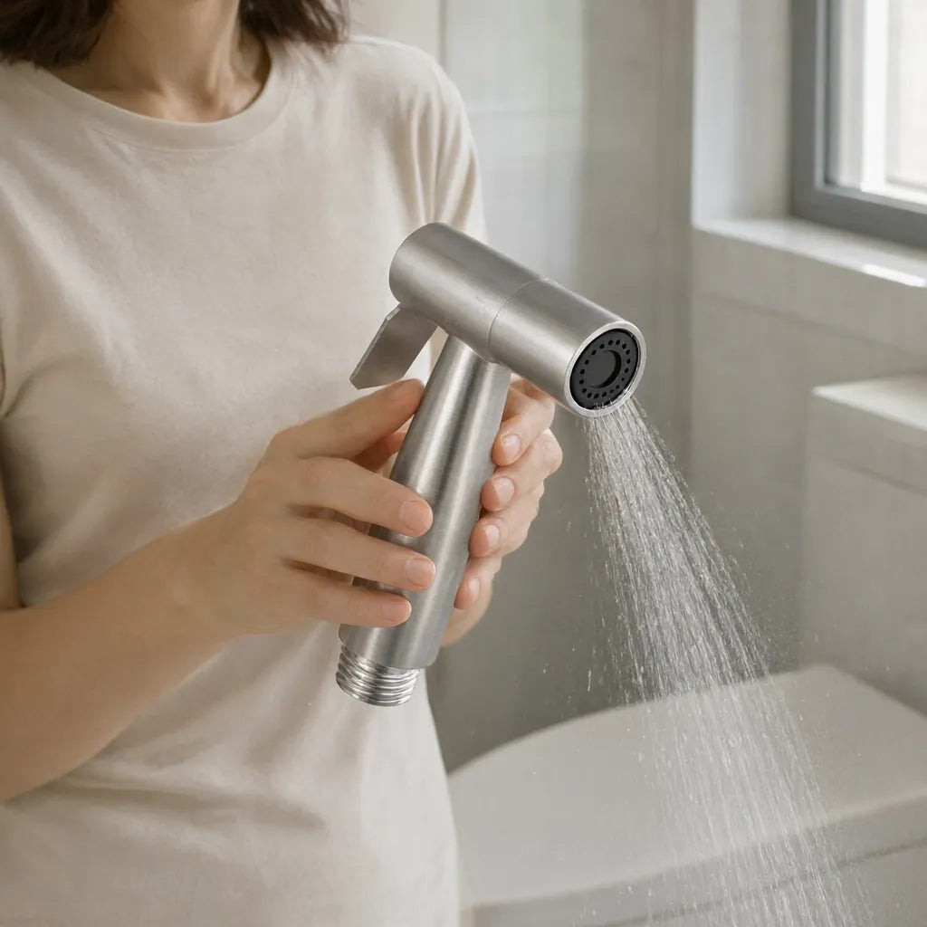 Woman in a bright bathroom using a handheld bidet sprayer next to the toilet