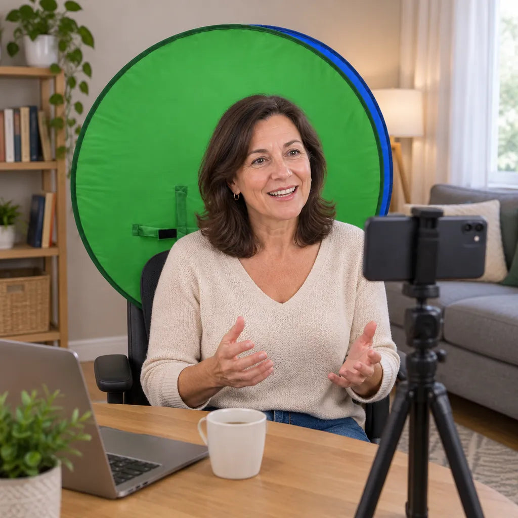 Creator recording a video in the living room with a green screen on her chair