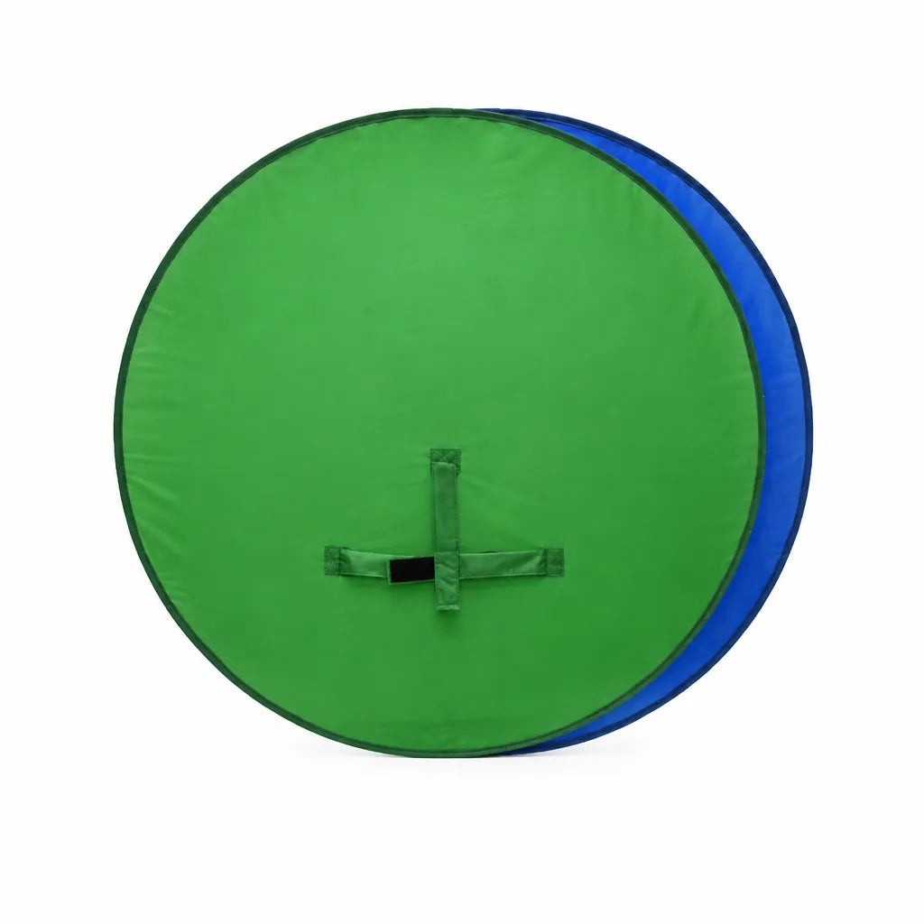 Round pop up green screen backdrop with chair strap, green side and blue edge, on white