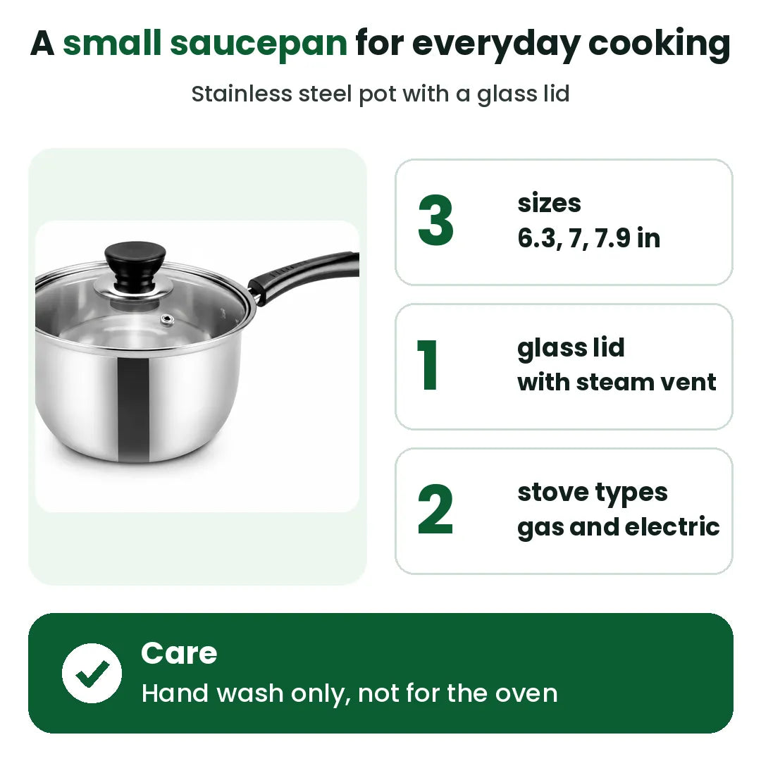 Stainless steel saucepan with glass lid shown with sizes and stove types