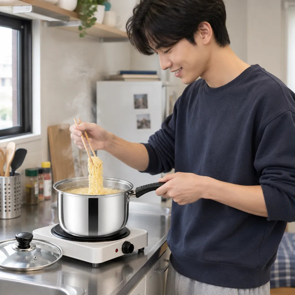 Young man cooking noodles in a stainless steel saucepan on a small electric stove