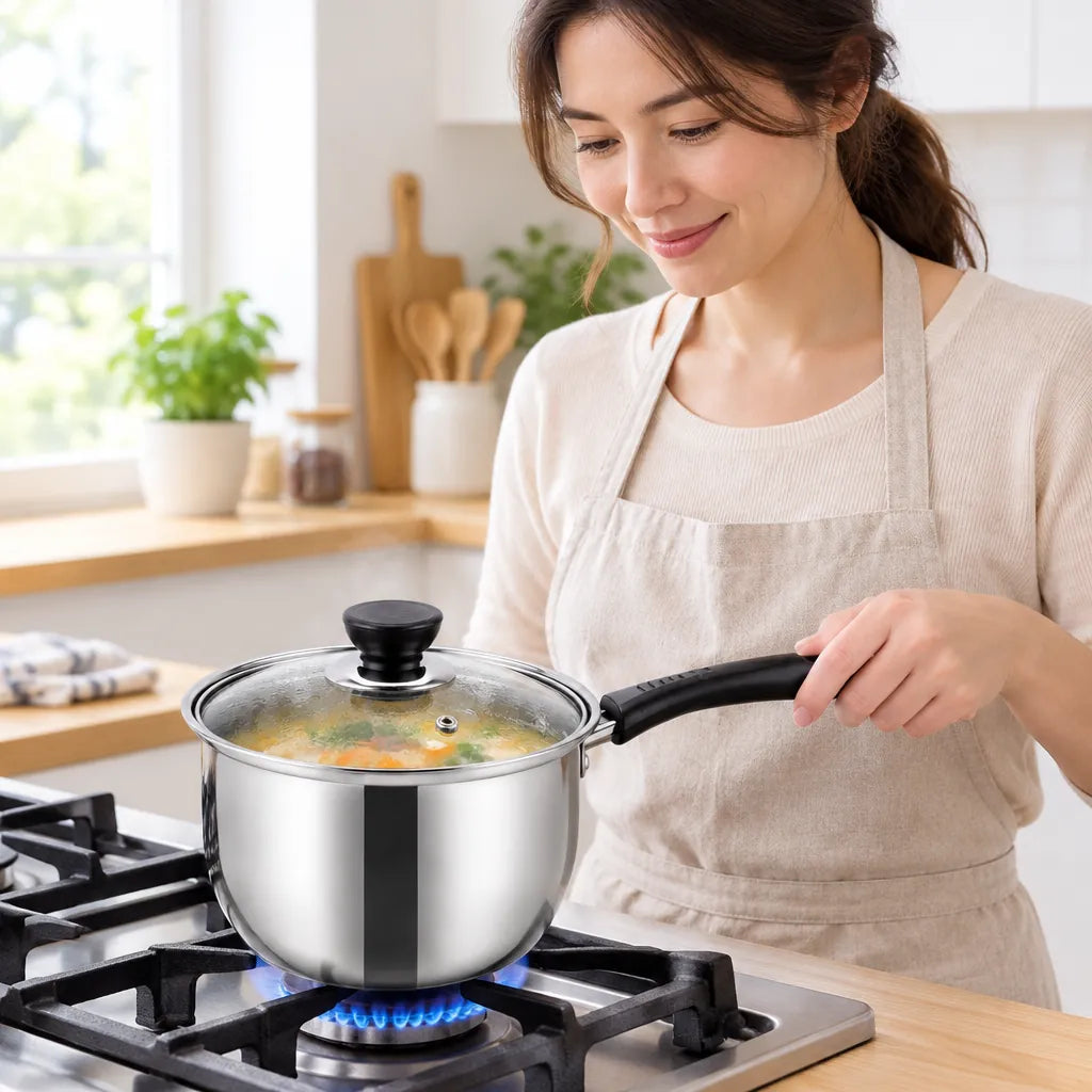 Woman heating soup in a small stainless steel pot with glass lid on a gas stove