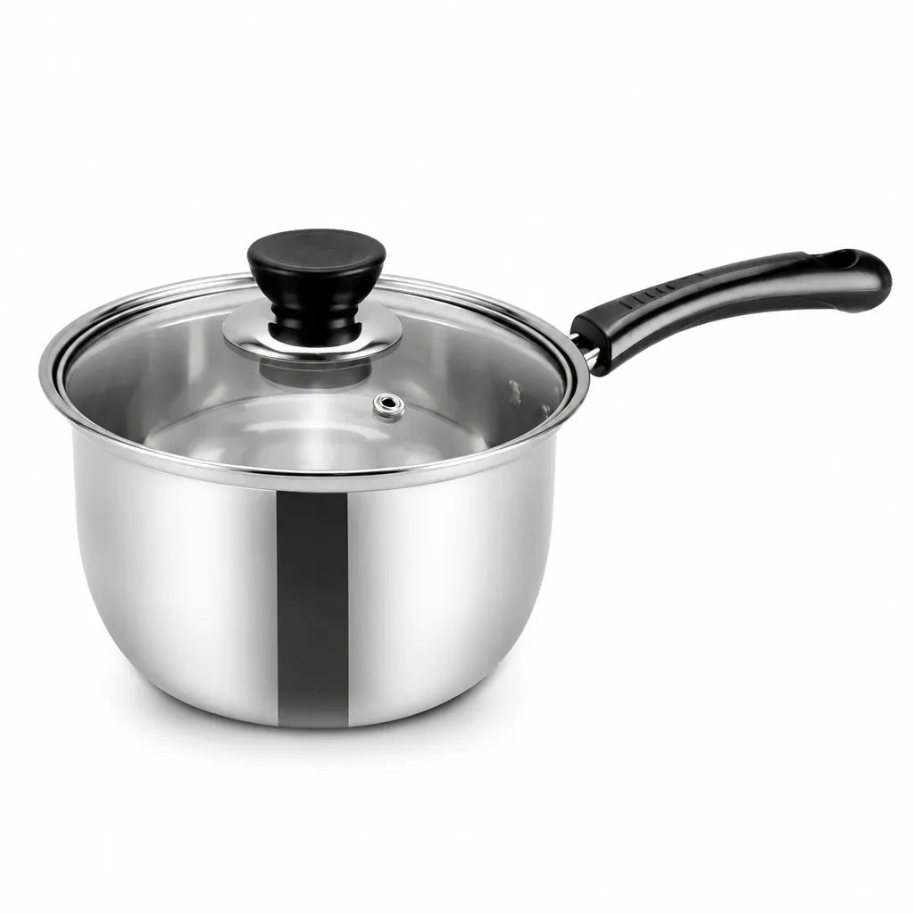 Stainless steel saucepan with glass lid and black handle on a white background