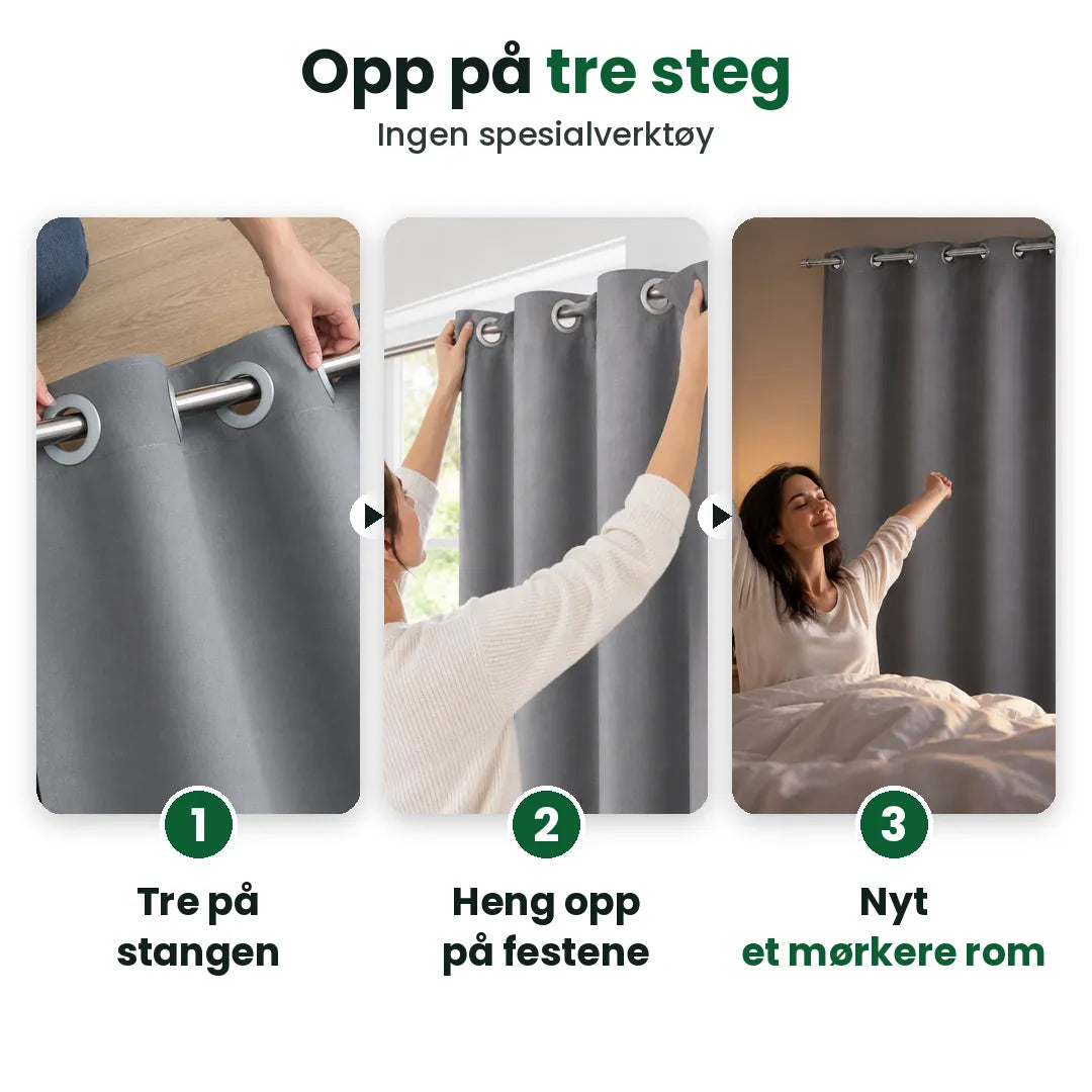 Tre steg for å henge opp en lystett gardin med maljer på stang