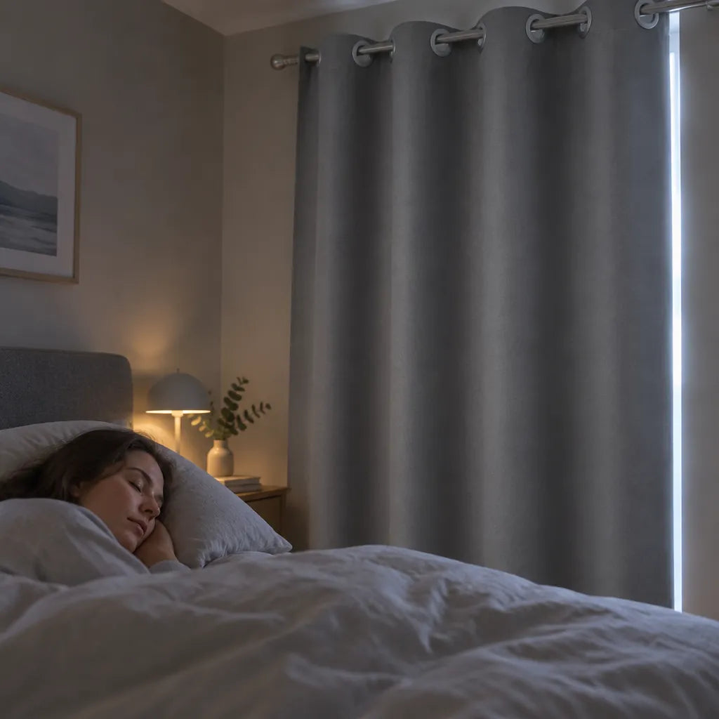 Woman sleeping in a dim bedroom with gray blackout curtains closed