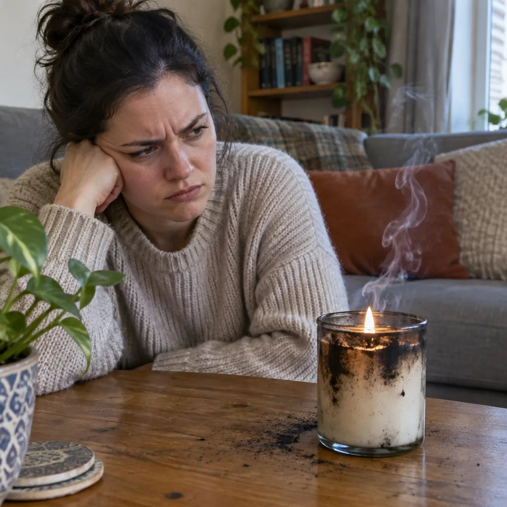 Person looking at a sooty, smoking open-flame candle on a coffee table