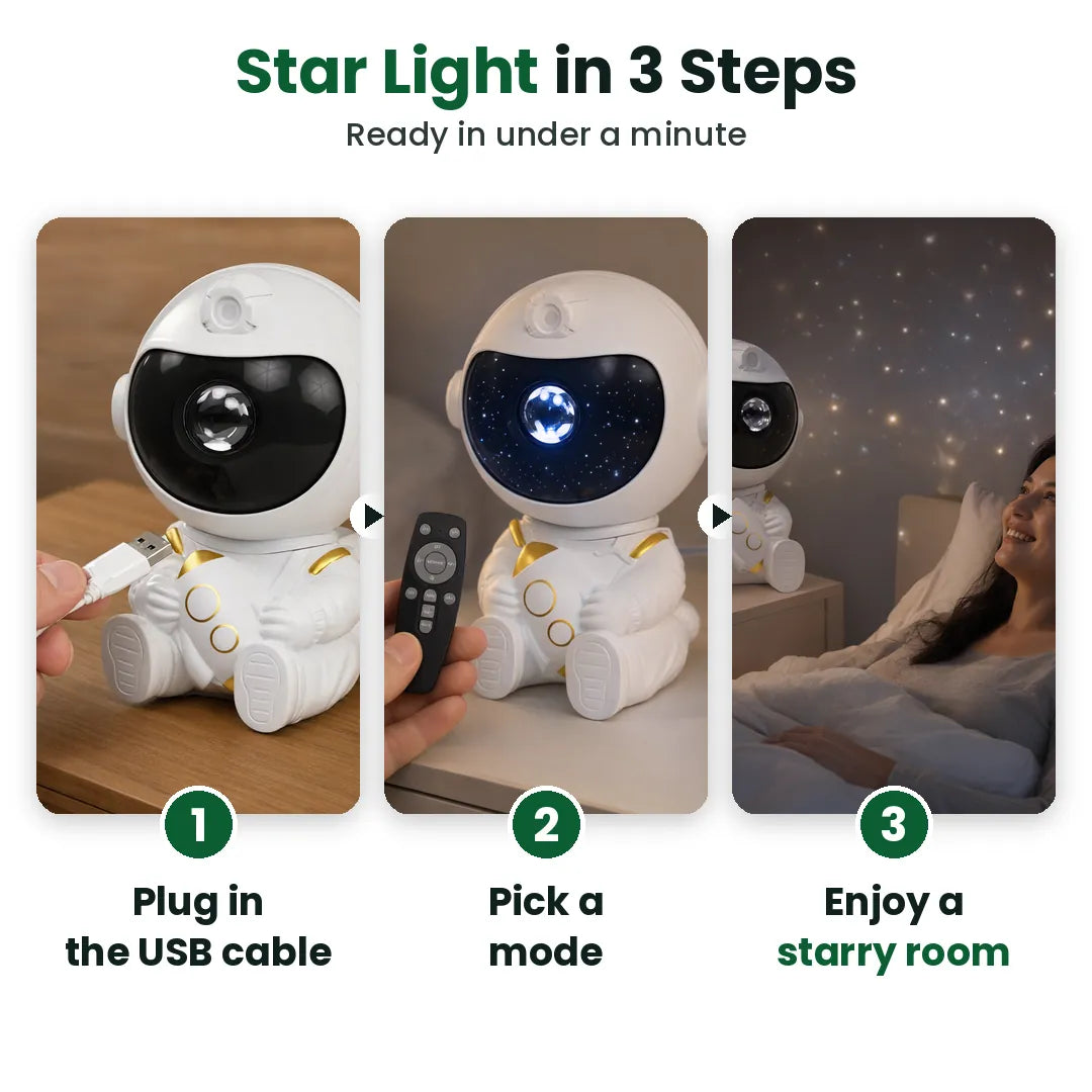 Three steps to use the astronaut star projector night light: plug in, pick a mode, enjoy