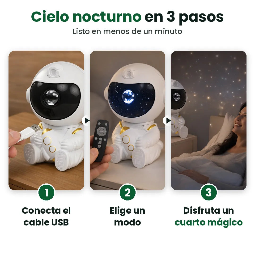 Tres pasos para usar el proyector de astronauta: conecta, elige un modo y disfruta
