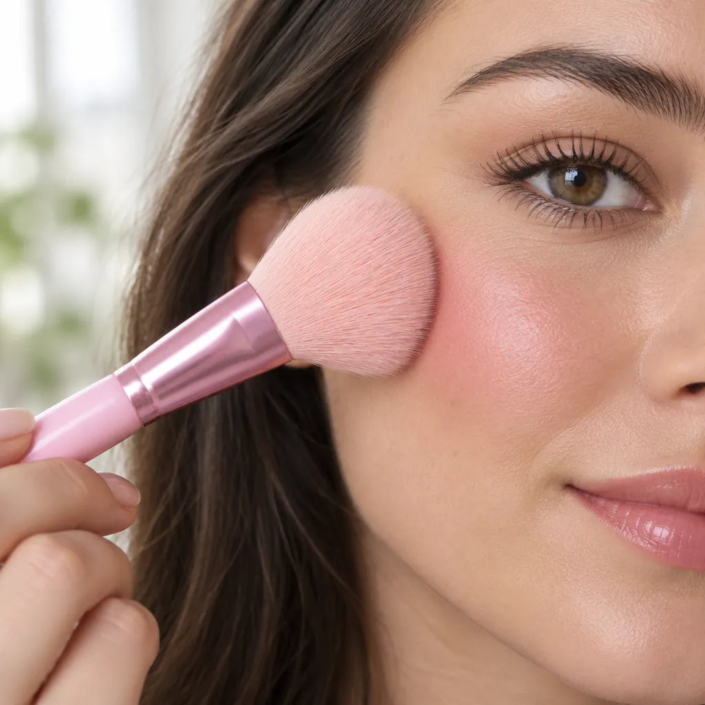 Close-up of a fluffy pink blush brush sweeping soft blush onto a woman's cheekbone