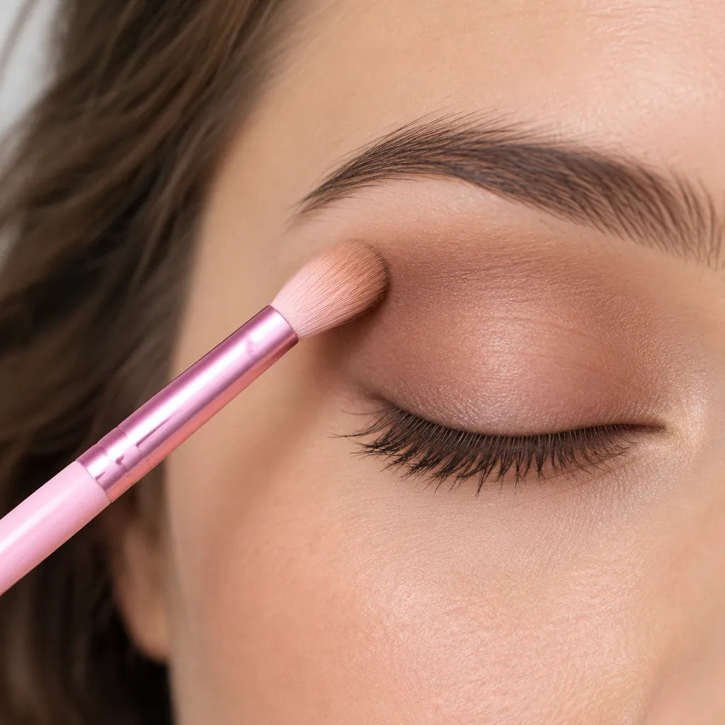 Small pink eyeshadow brush blending brown eyeshadow into the crease of a closed eye