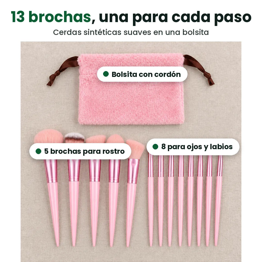Set de brochas de maquillaje: 5 brochas para rostro, 8 para ojos y labios y una bolsita, con etiquetas
