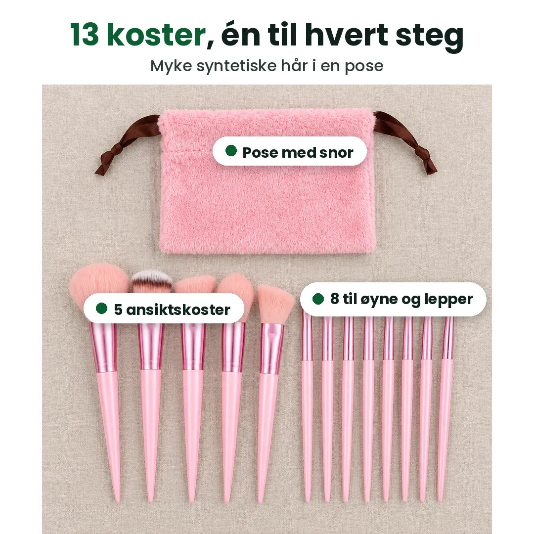 Sminkekost sett forklart: 5 ansiktskoster, 8 koster til øyne og lepper og en pose med snor