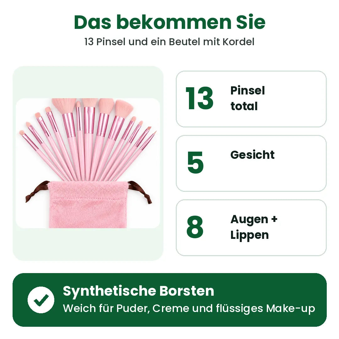 Im Make-up Pinsel Set: 13 Pinsel, 5 fürs Gesicht, 8 für Augen und Lippen, synthetische Borsten