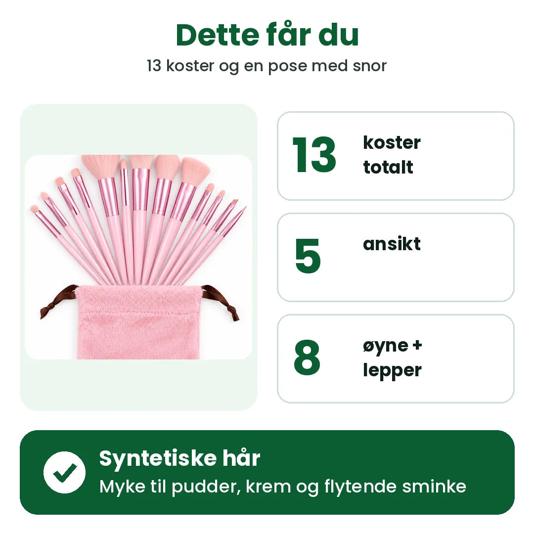 Dette får du i sminkekost settet: 13 koster, 5 til ansikt, 8 til øyne og lepper, syntetiske hår
