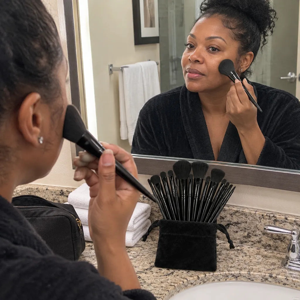 Woman in a hotel bathroom blending foundation with a black foundation brush, pouch of brushes on the counter