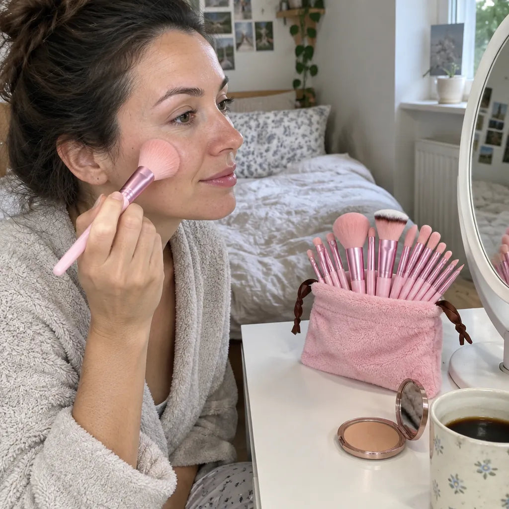 Woman at her bedroom vanity dusting powder on her cheek with a pink powder brush from her brush set