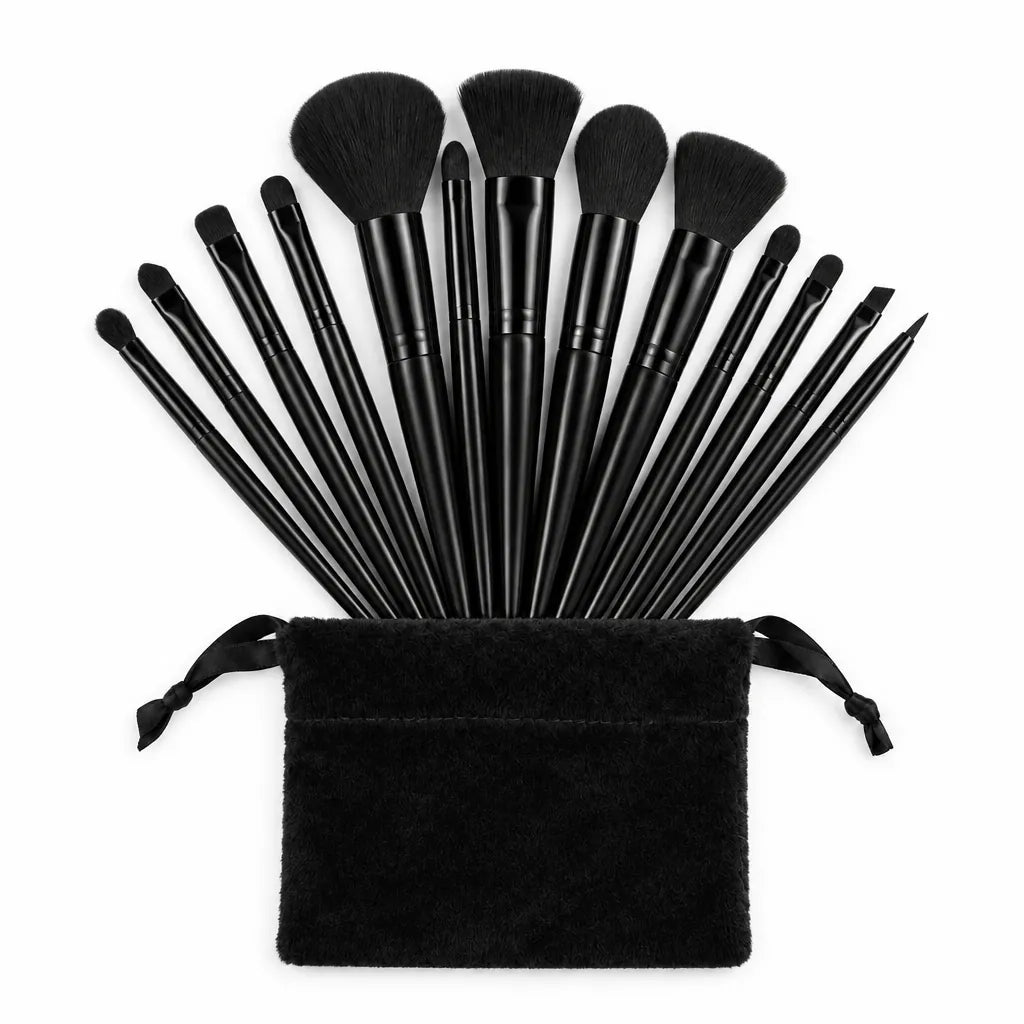 Black cosmetic brush set of 13 brushes fanned out above a black drawstring pouch on white