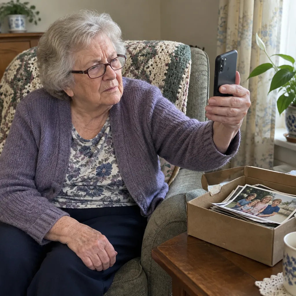 Grandmother squinting at a small phone screen to see a photo of her grandchildren