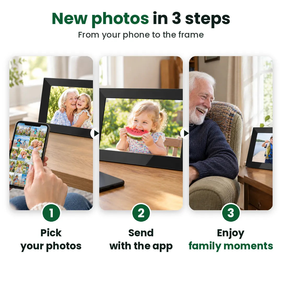 How the WiFi picture frame works: pick photos on your phone, send them with the app, enjoy them